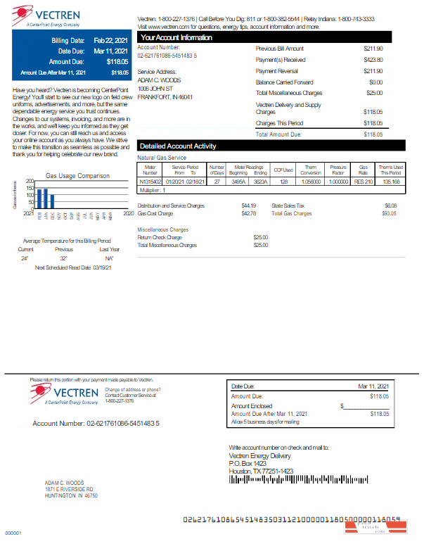 USA VECTREN utility bill Word and PDF template